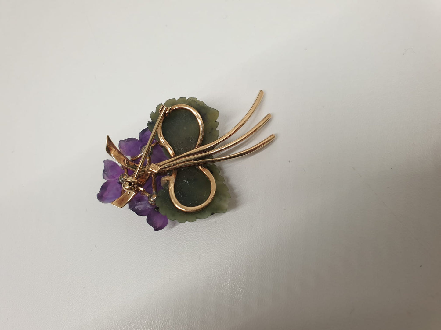 Vintage Veilchen 585 Gold Brosche mit Amethysten und Diamanten