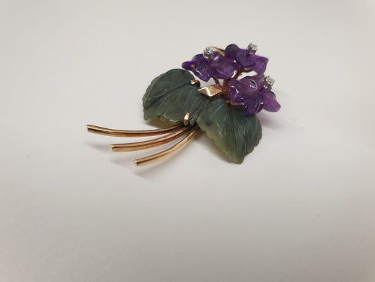 Vintage Veilchen 585 Gold Brosche mit Amethysten und Diamanten