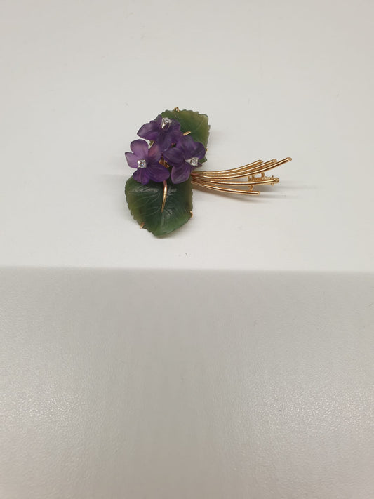 Vintage Veilchen 750 Gold Brosche mit Amethysten und Diamanten